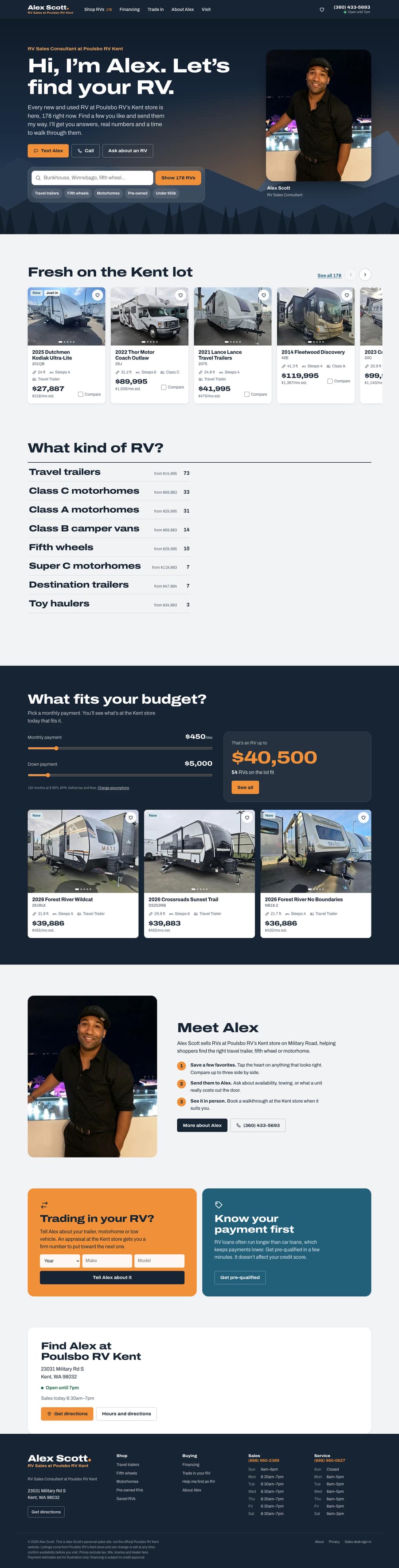 Alex Scott, RV sales consultant website home page