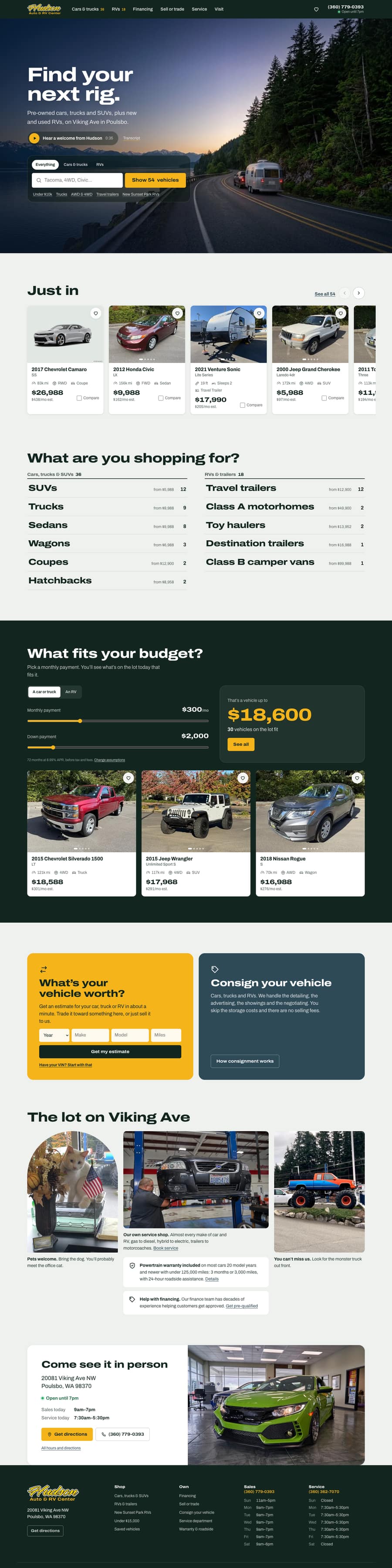 Hudson Auto & RV Center website home page