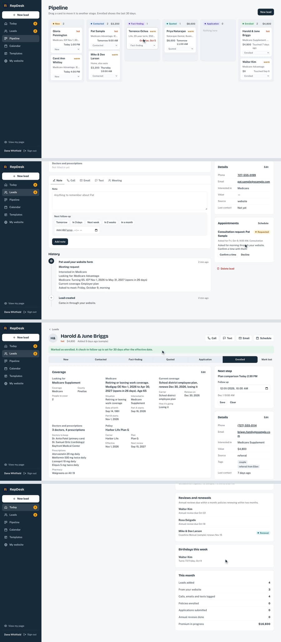 RepDesk CRM screens with sample data